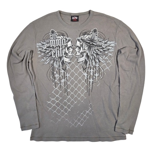 Mma Elite Other - MMA Elite Mens XL Gray Waffle Knit Thermal Graphic Y2k Shirt Skulls Crosses Punk